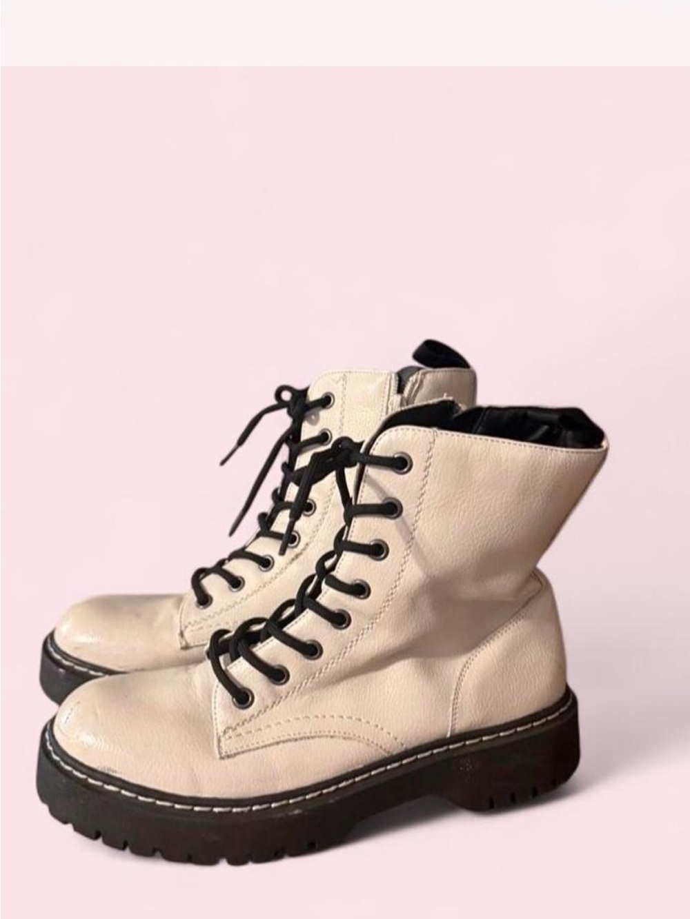 Sincerely Jules Cream Lace-Up Combat Boots with Black Sole